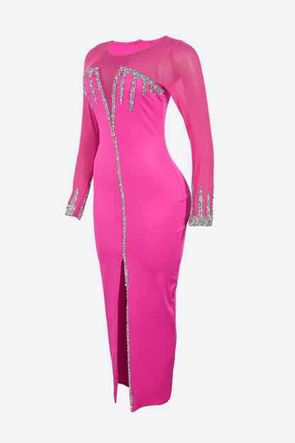 Diamond See-through Stitching Slit Dress