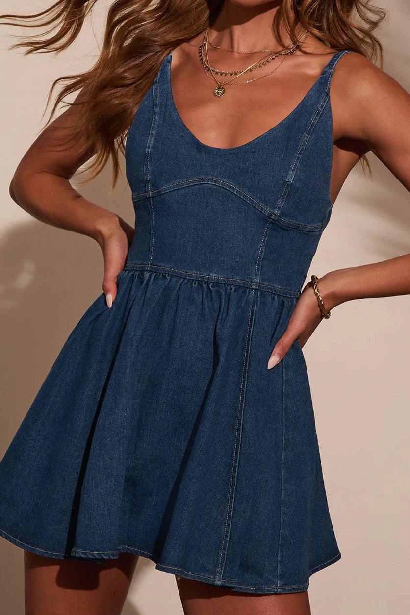 Spaghetti Strap High Waist Denim Flare Dress