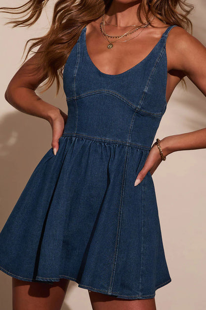Spaghetti Strap High Waist Denim Flare Dress