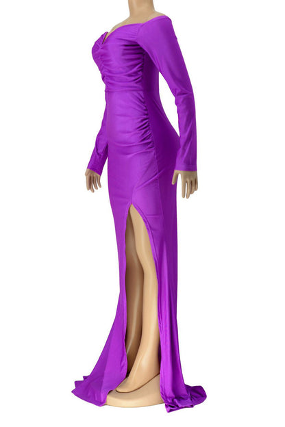 Off-Shoulder Long Sleeve Slit Maxi Dress