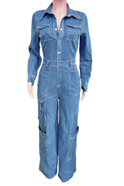 Washed Stretch Denim Utility Jumpsuit