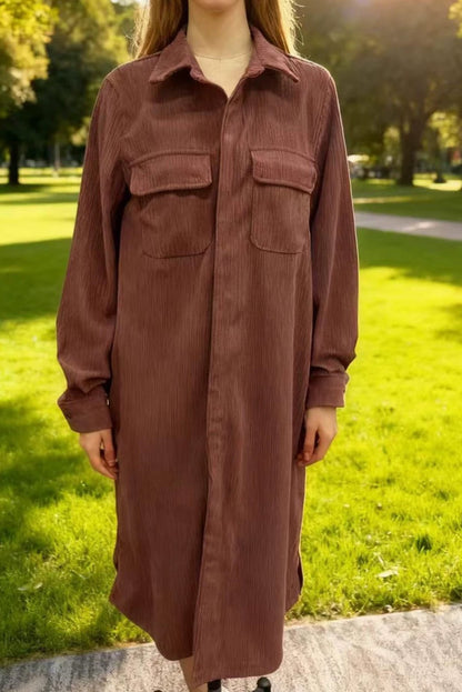 Single Breasted Pocket Shirt Style Midi Dress