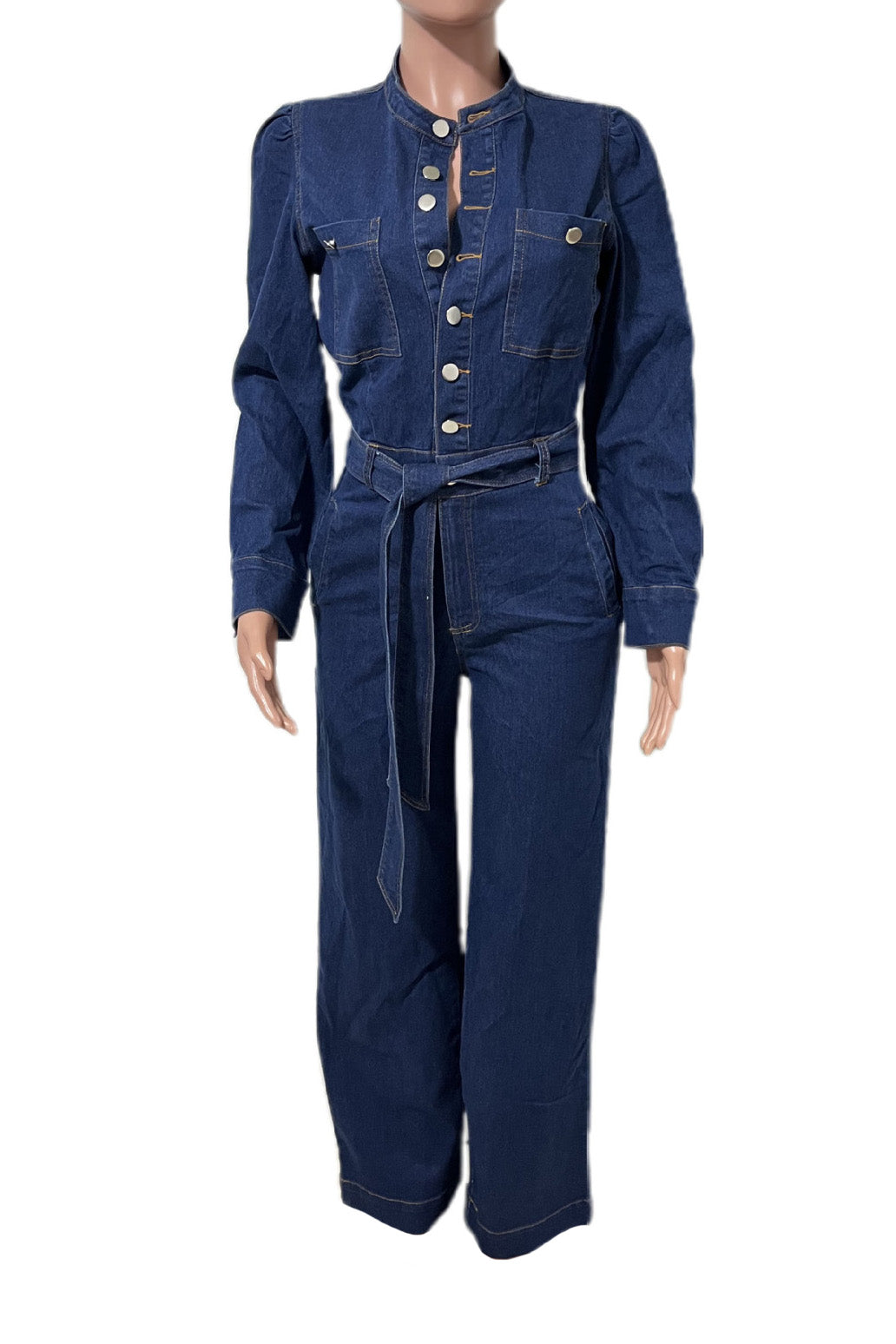 Long-Sleeve Wide-Leg Denim Jumpsuit