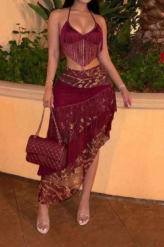 Asymmetric Fringe Halter Skirt Set