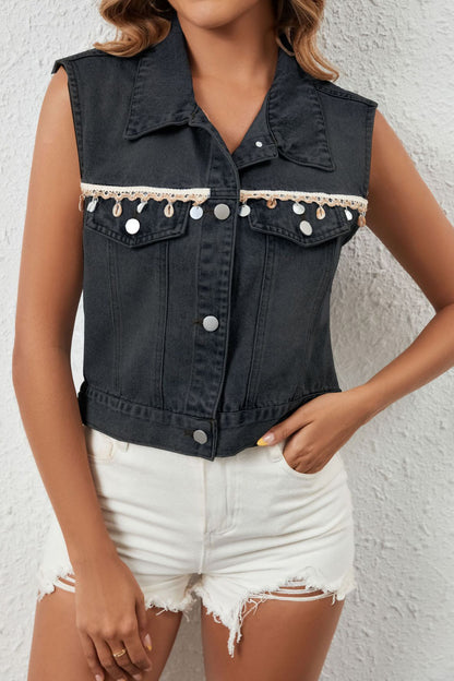 Single-breasted Fringe Denim Vest