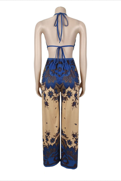 Ornate Print Halter Slit Wide Leg Jumpsuit