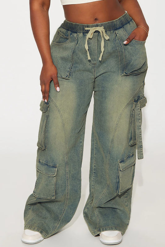 Drawstring Waist Washed Wide Leg Jeans