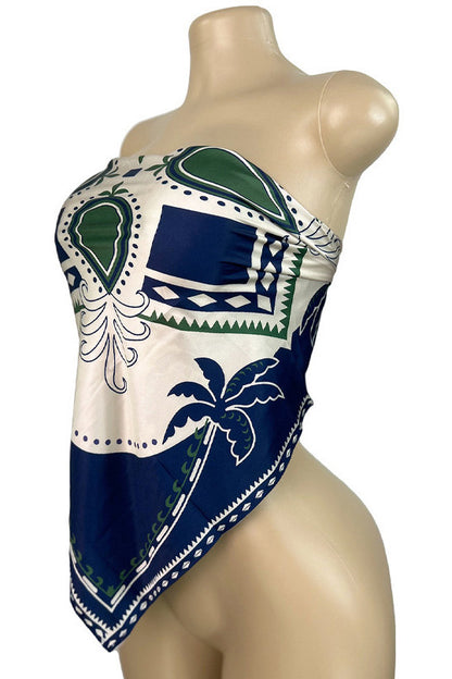 Printed Strapless Scarf Top with Tie Back