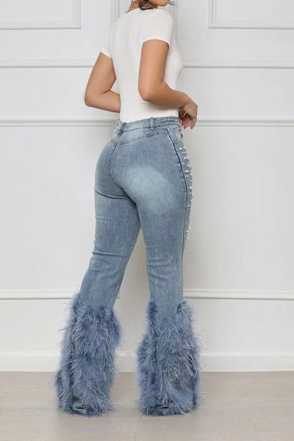 Feather Detail Ripped Denim Jeans