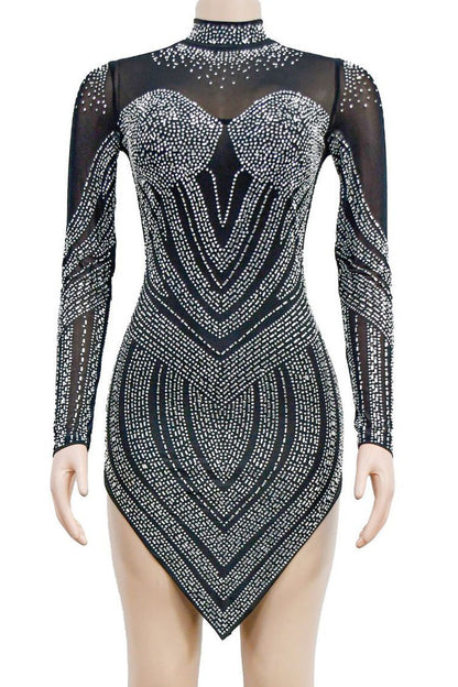 Rhinestone Embellished Sheer Mesh Mini Dress