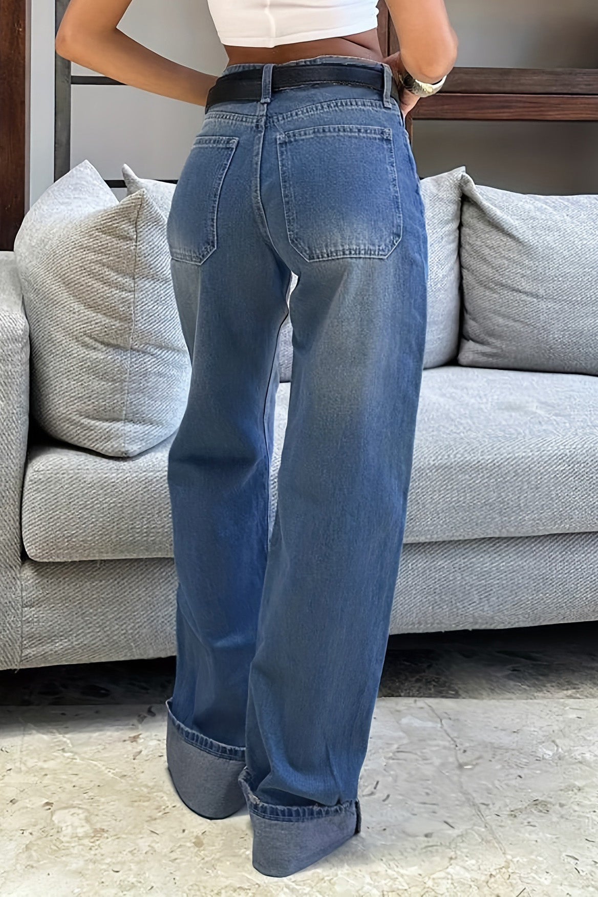 High-Rise Wide-Leg Cuffed Puddle Denim Jeans