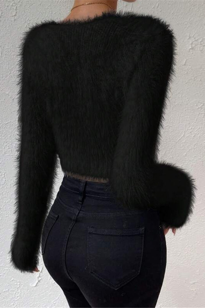 V Neck Slim Plush Short Sweater