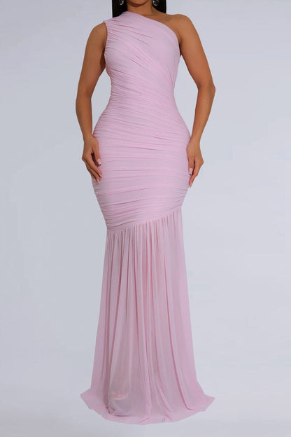 One-Shoulder Ruched Mesh Maxi Dress