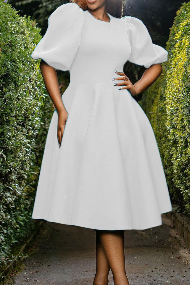 Round Neck Sleeve Slim Waist Swing A-Line Dress