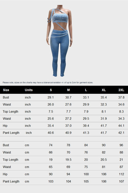 Rhinestone One Shoulder Crop Top Pants Set