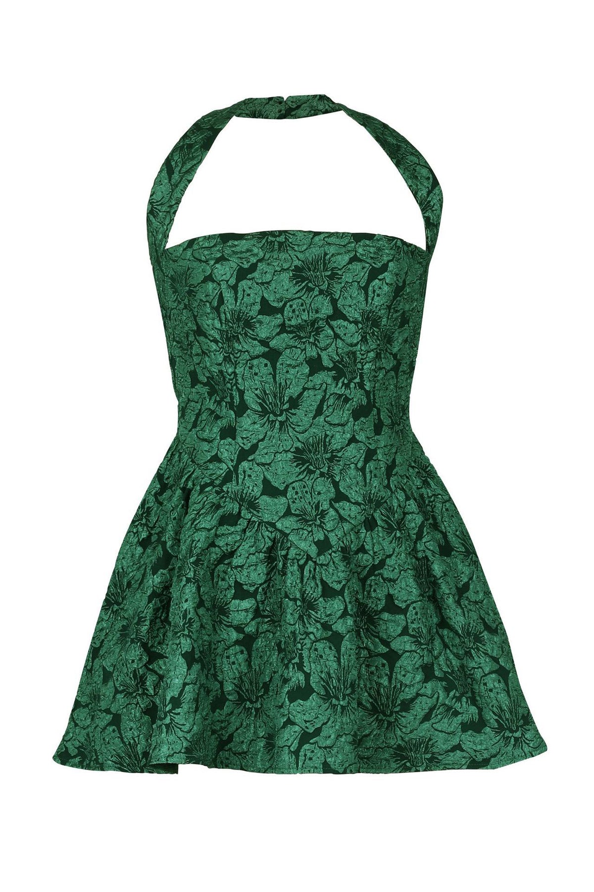 Halter Jacquard Floral Embroidery Ruffle Dress