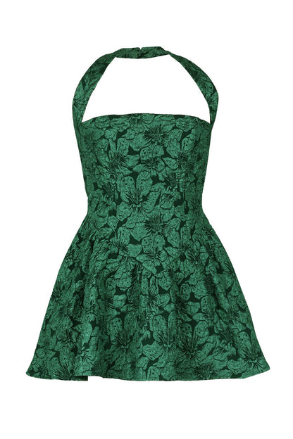 Halter Jacquard Floral Embroidery Ruffle Dress