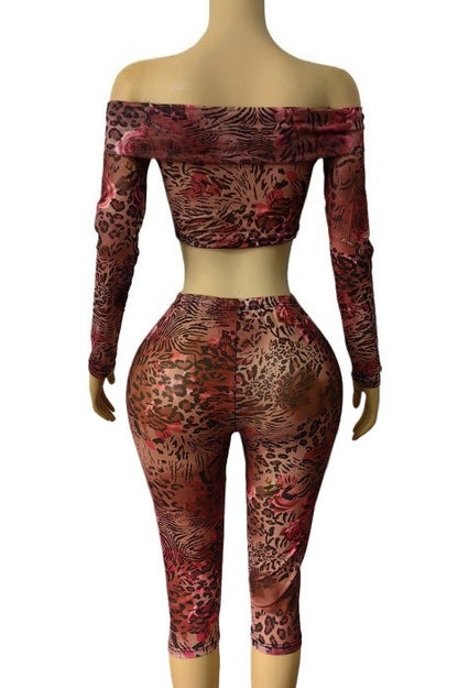 Off Shoulder Mesh Top and Capri Pants Set