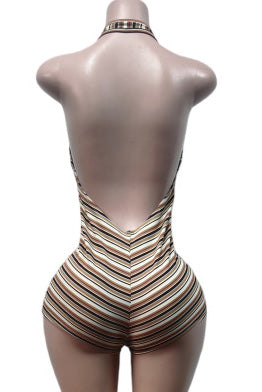 Striped Ribbed Plunge Halter Romper