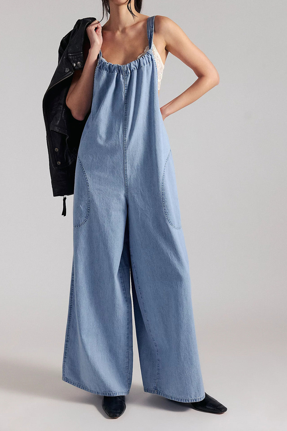 Slouchy Tie-Back Wide Leg Denim Jumpsuit