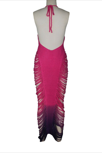 Crochet Halter Fringe Maxi Dress