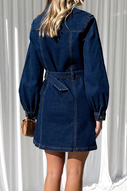 Belted Button-Down Denim Mini Shirt Dress