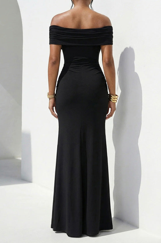 Off-Shoulder Draped Slit Maxi Dress