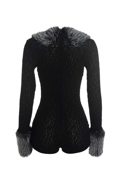 Plush-Trim V-Neck Long-Sleeve Romper