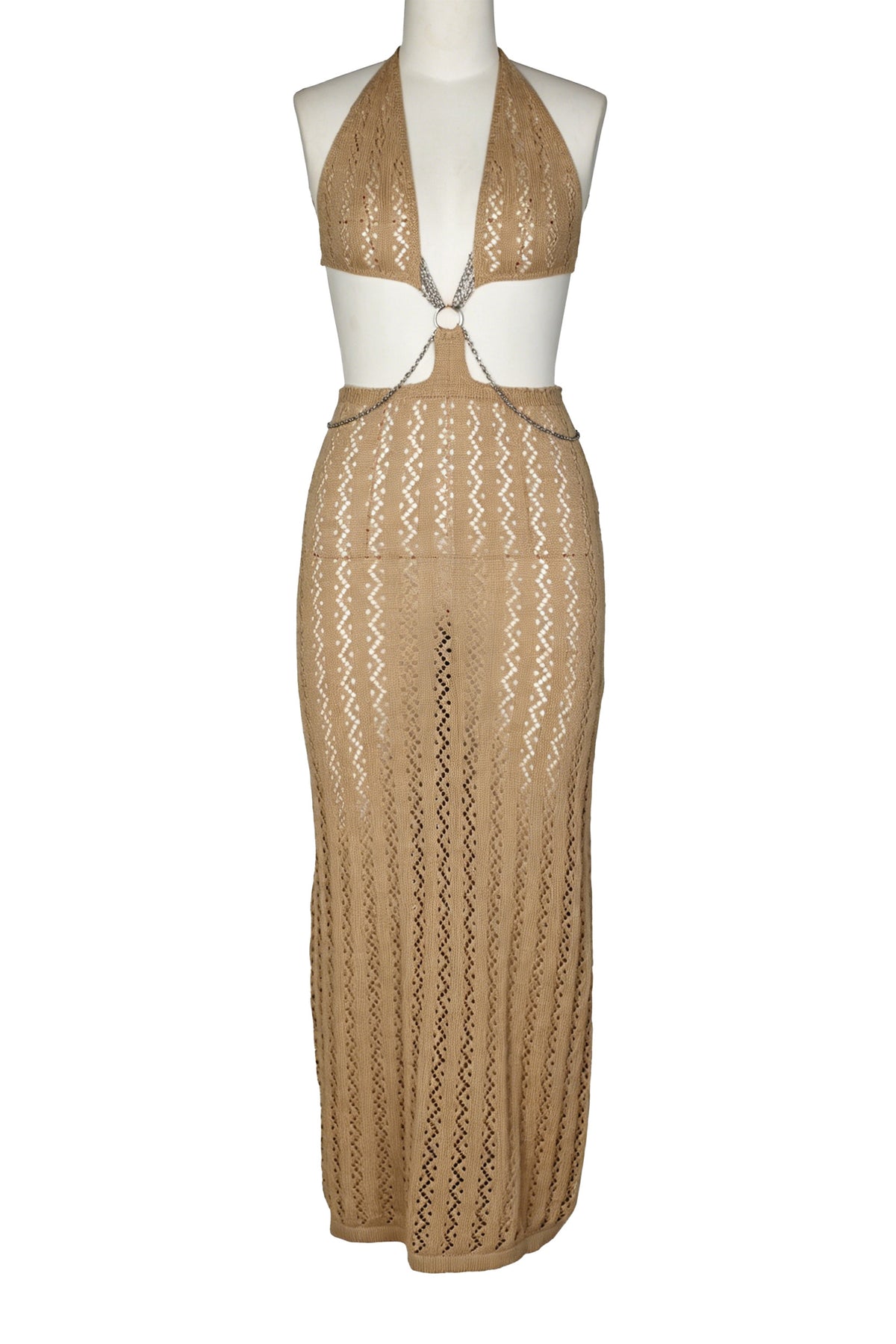Chain-Linked Cutout Halter Crochet Maxi Dress