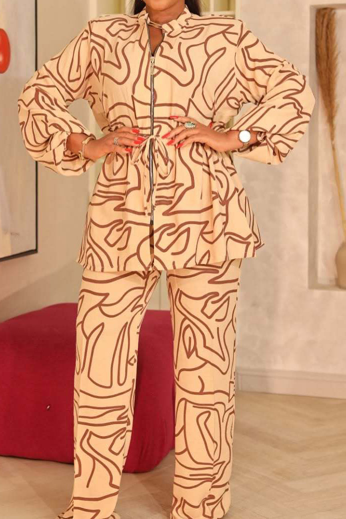 Printed Stand Collar Drawstring Waist 2-Piece Set