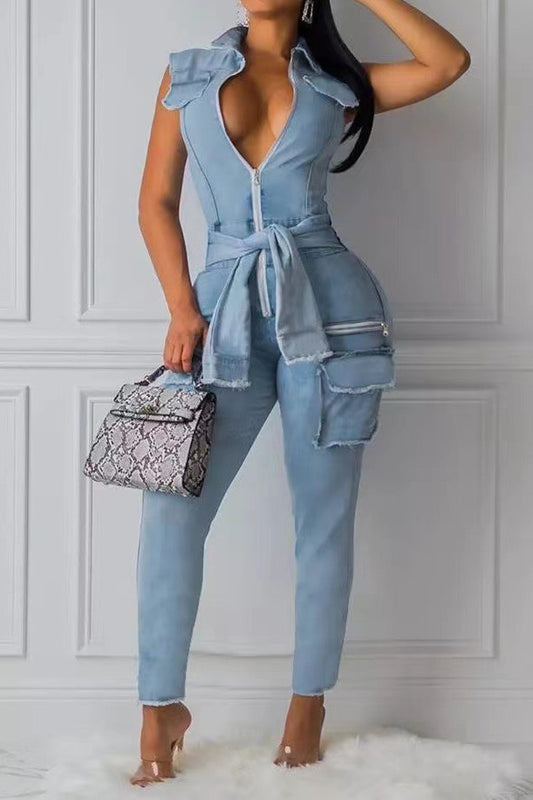 Sleeveless Tummy Control Zip Up Lapel Jumpsuit