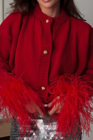 Faux Feather Cuff Button-Up Knit Cardigan
