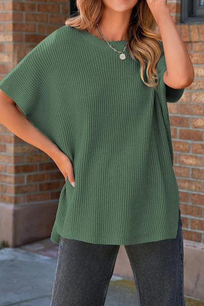 Short Sleeve Side Slit Oversized Sweater