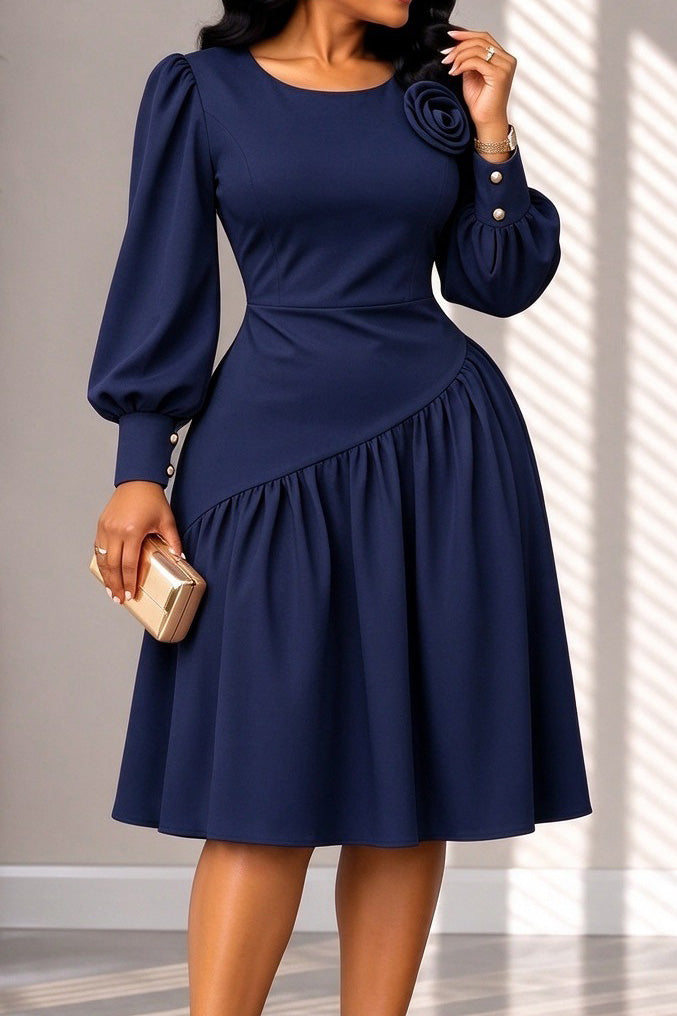 Rosette Balloon-Sleeve A-Line Midi Dress