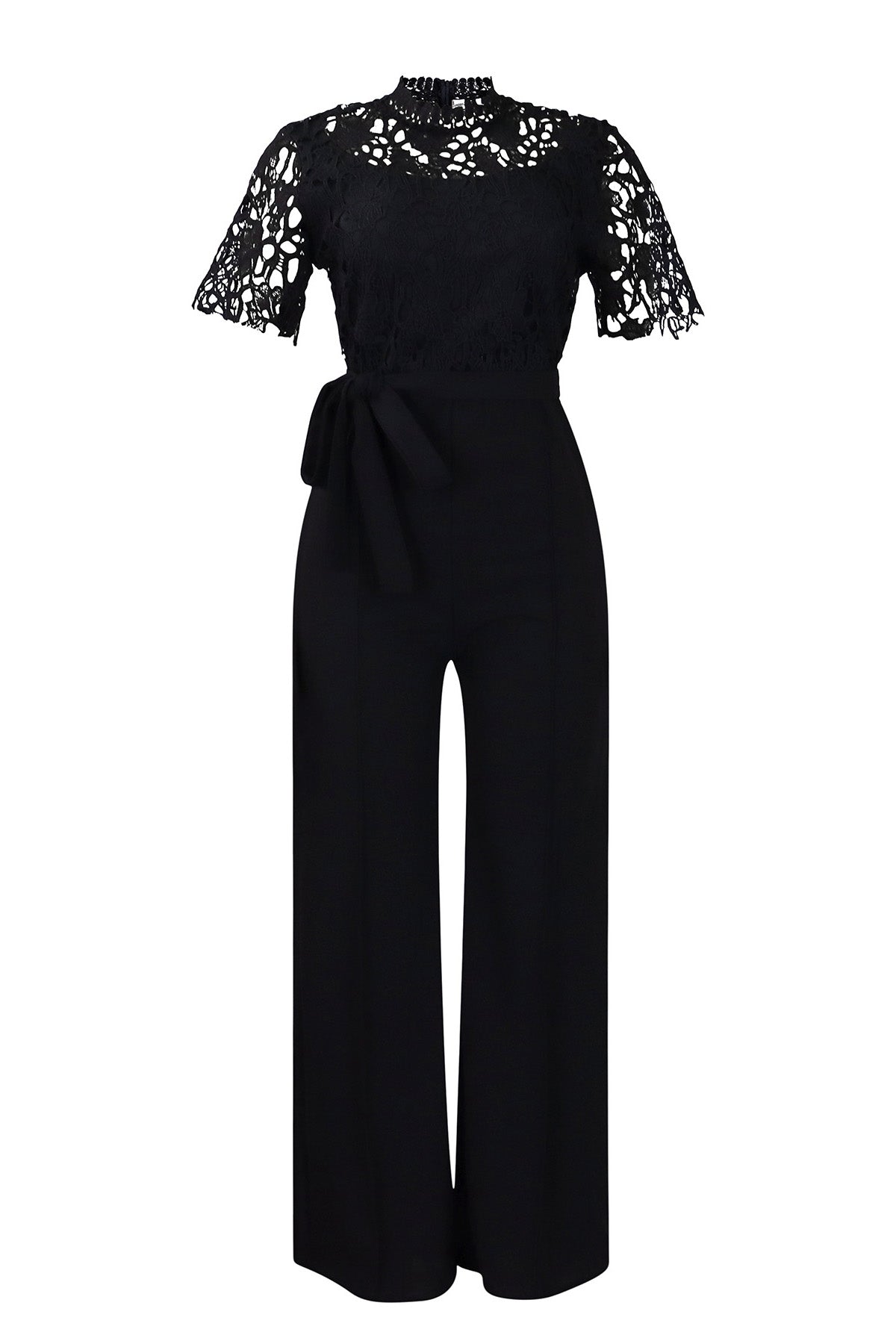 Lace Hollow Out Tie Waist Wide Leg Jumpsuit
