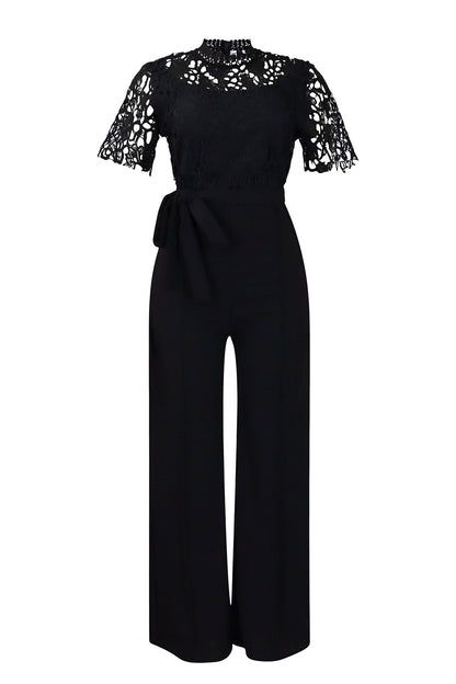 Lace Hollow Out Tie Waist Wide Leg Jumpsuit