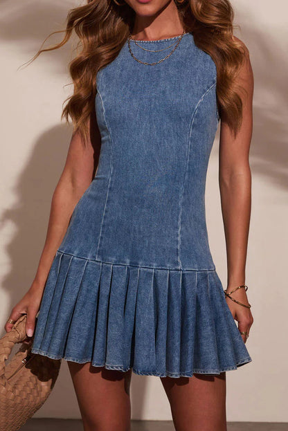 Pleated Denim Mini Dress
