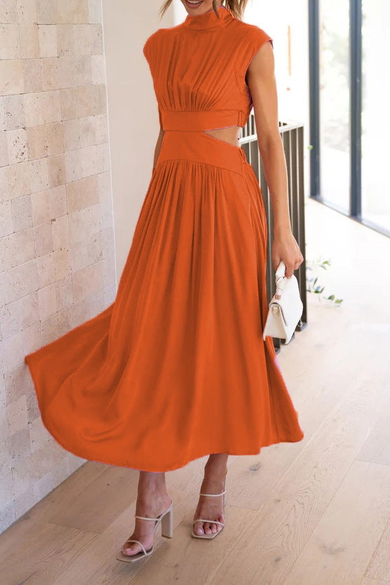 Mock Neck Cut Out Pleated Maxi Dress