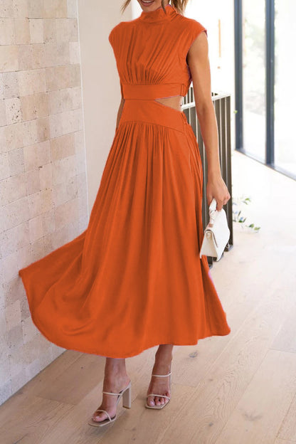Mock Neck Cut Out Pleated Maxi Dress