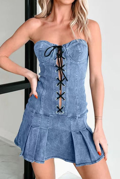 Pleated Lace-Up Mini Dress