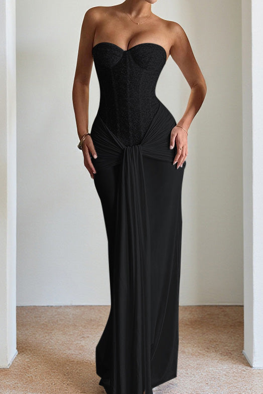Off Shoulder Lace Up Pleated Maxi Dress