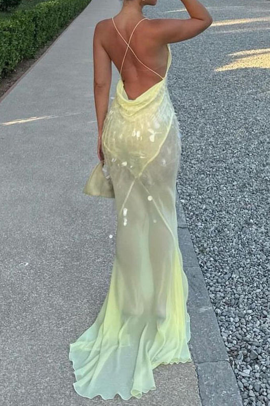 Sequin Backless Drape Tulle Hem Slip Maxi Dress