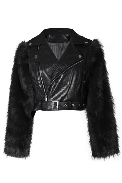 Faux Fur Trim Faux Leather Jacket