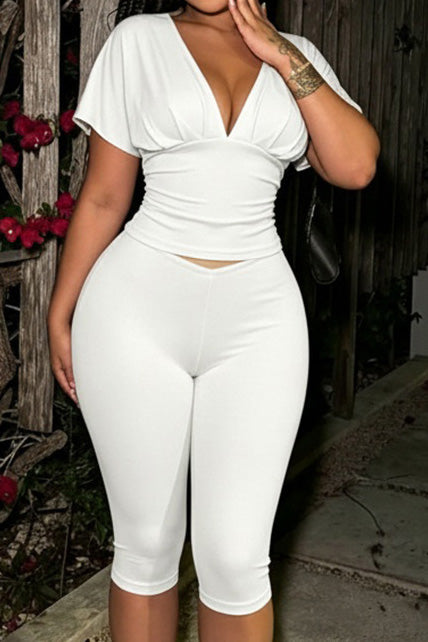 Ruched V-Neck Top & Bodycon Capri Set