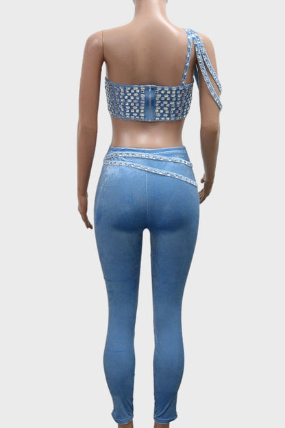 Rhinestone One Shoulder Crop Top Pants Set