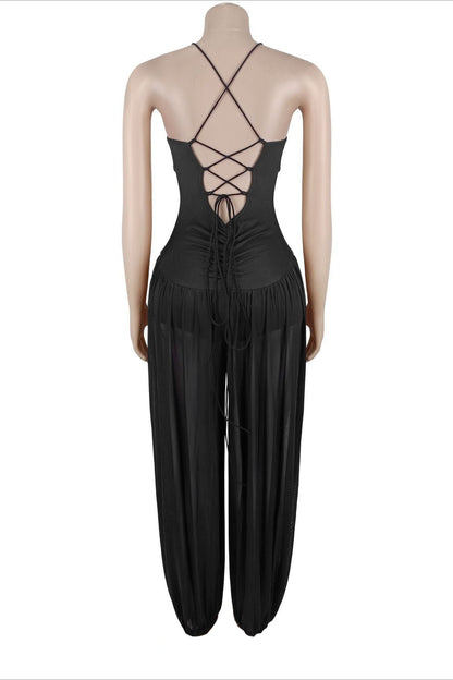 Sheer Lace-Up Wide Leg Jumpsuit