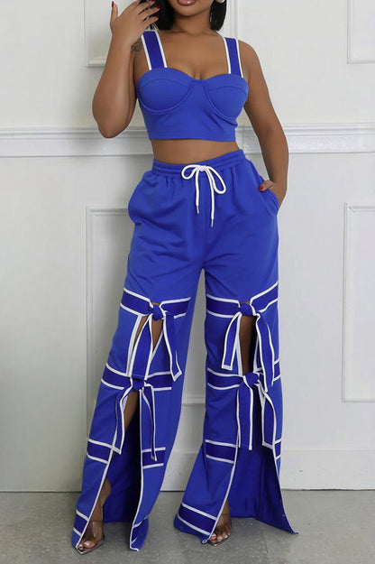 Stretch Sling Crop Vest Slit Wide Leg Pants Set