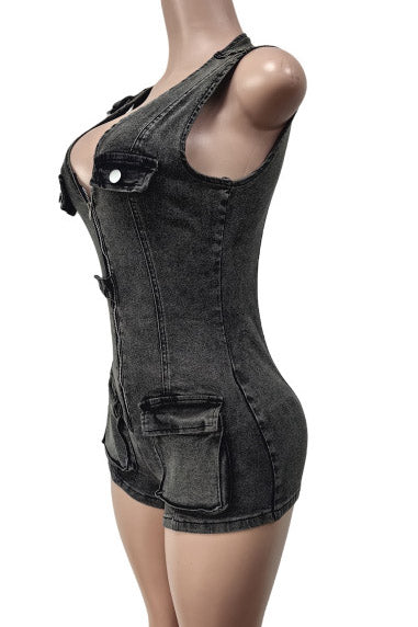Waist-Cinched Denim Rompers