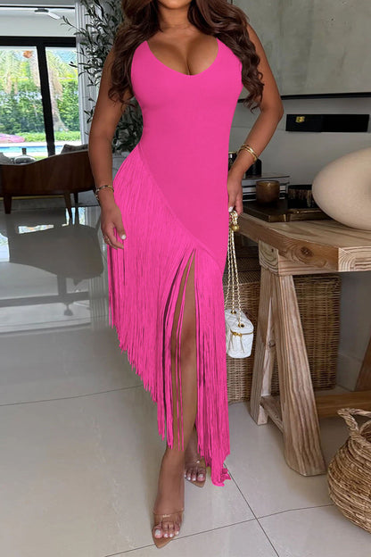 Sleeveless Asymmetrical Fringe Maxi Dress