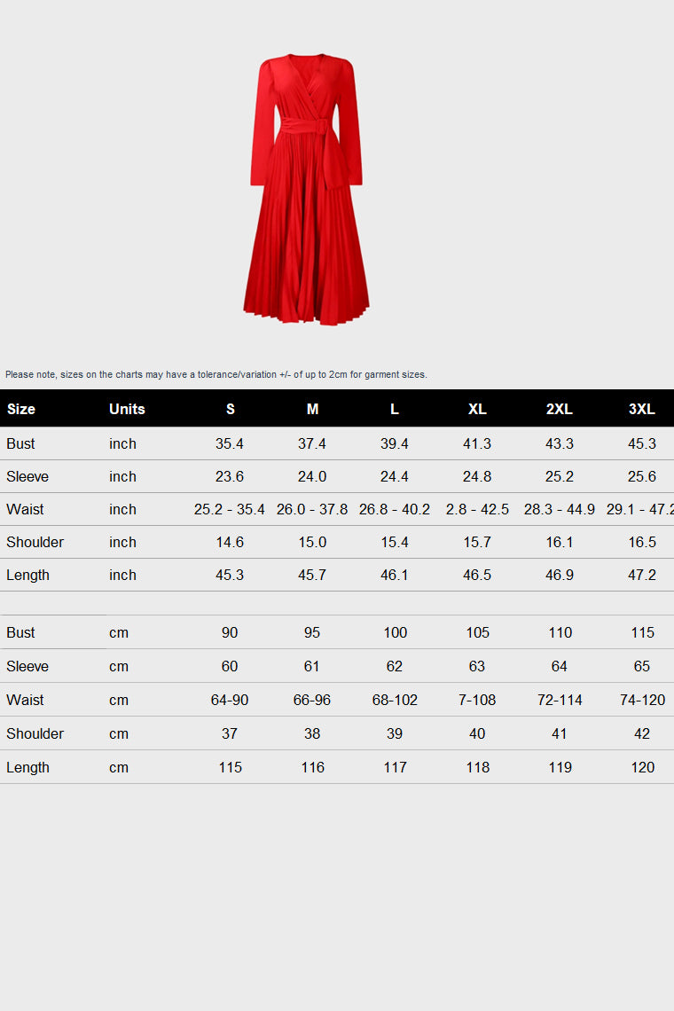 V Neck Long Sleeve Pleated Midi Dress